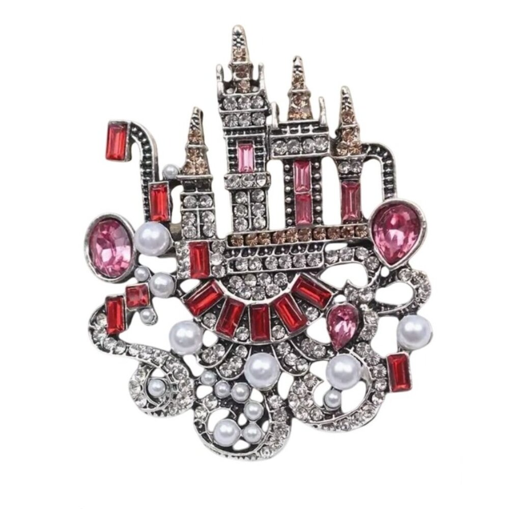 Pink Floating Castle Crystal Brooch with Imitation Pearls Silver Tone